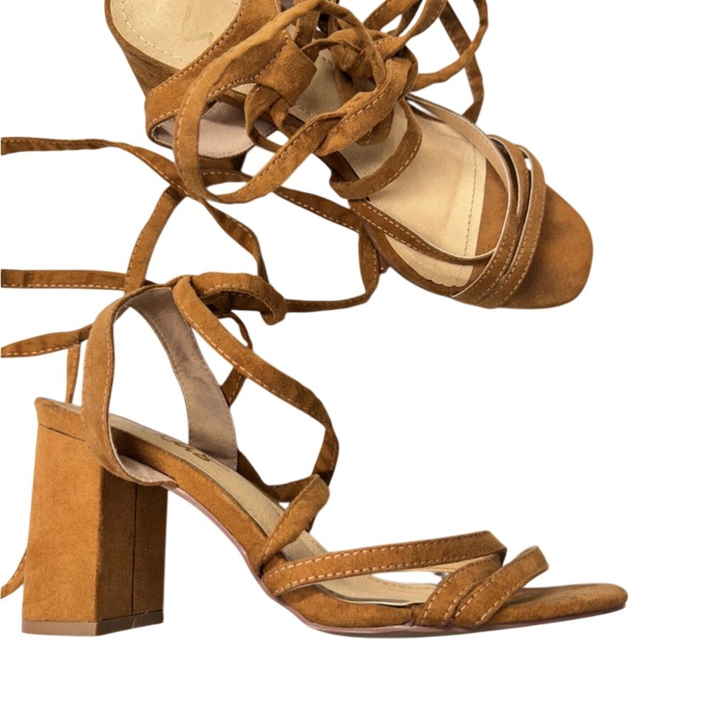Lulus Tan Faux Leather Ankle Lace Up Chunky Heels Womens 7 Dressy Shoes Classic
